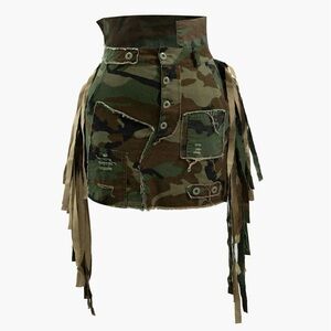Micas Green Camo Frayed Patchwork Fringe Mini Skirt